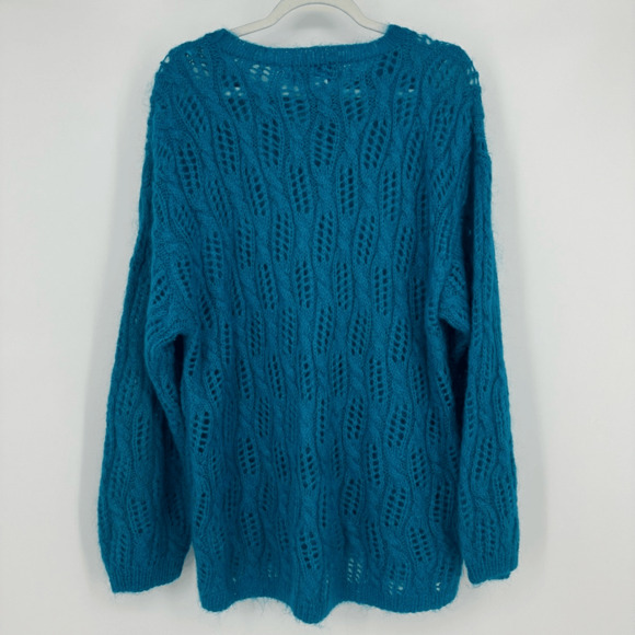 Vintage Mohair Women’s Sweater Size L Open Knit Crew Neck Blue Boho Feminine - Picture 2 of 10